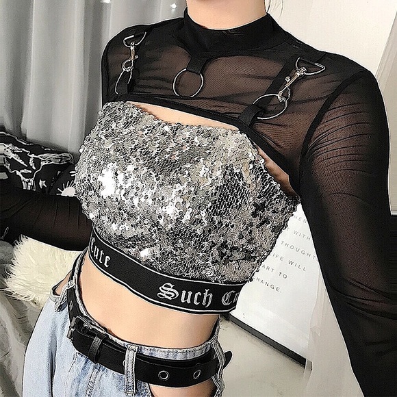 Black mesh metal buckle long sleeve crop top - Picture 3 of 16